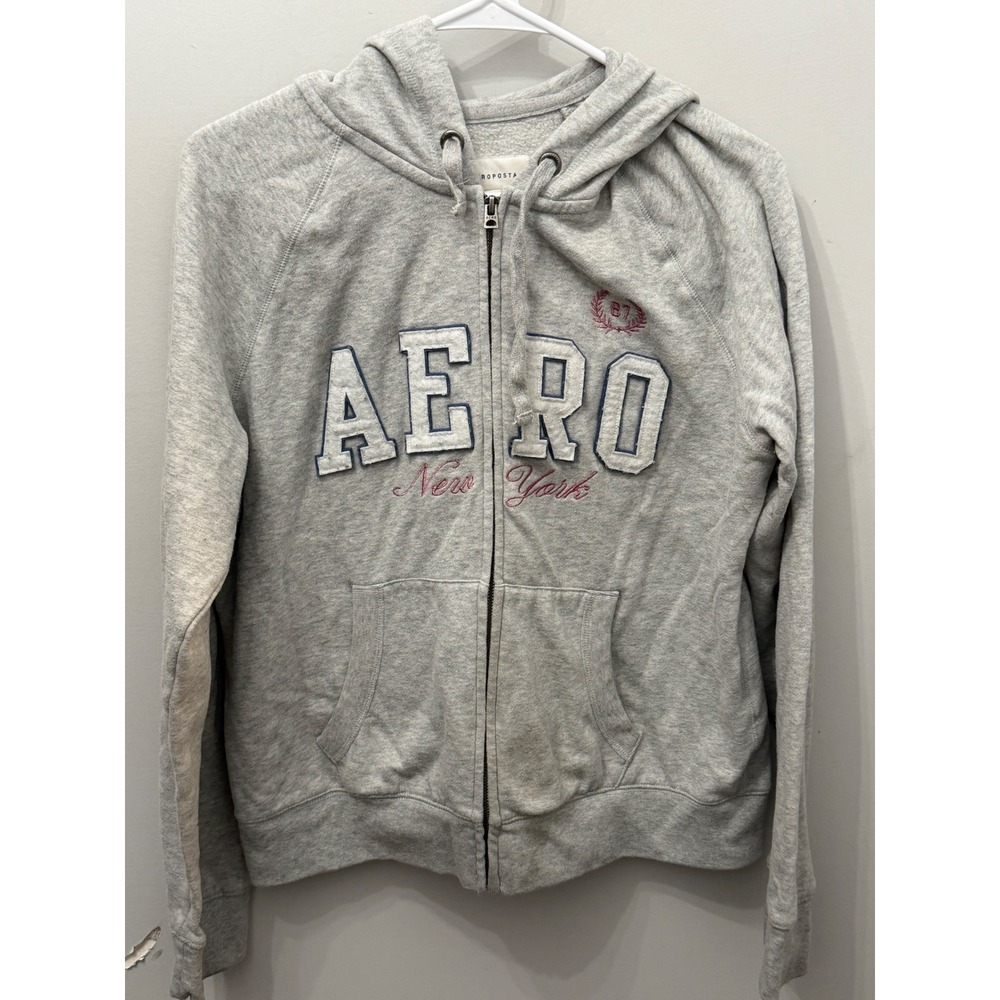 Aeropostale Gray Y2K Graphic Zip Up Hoodie Size L Vintage Embroidered Sweatshirt